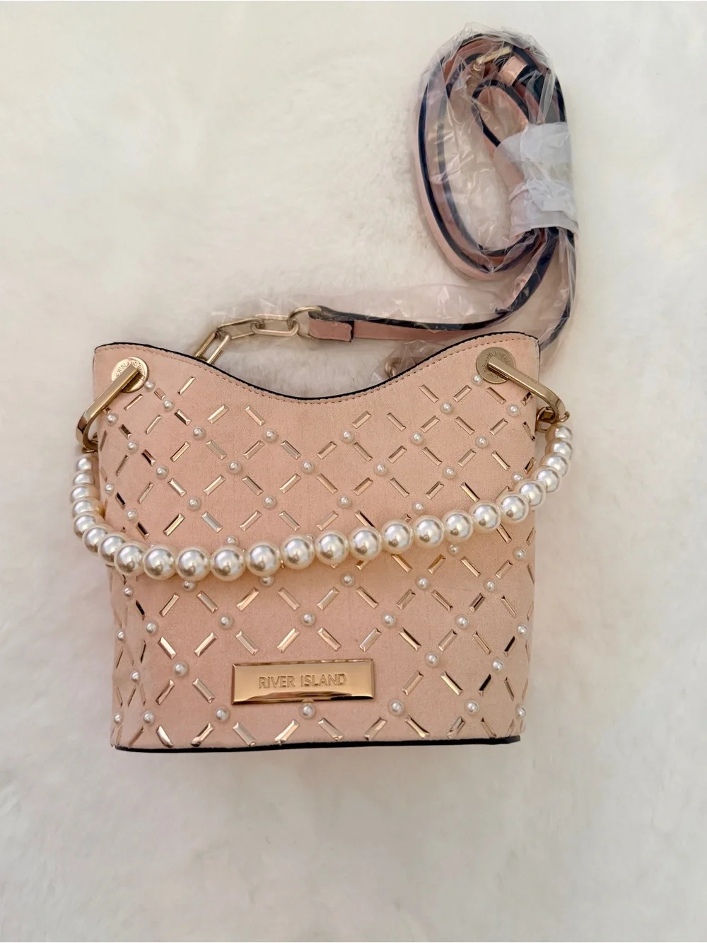 Small River Island Pink Pearl-Trim Crossbody Bucket Bag